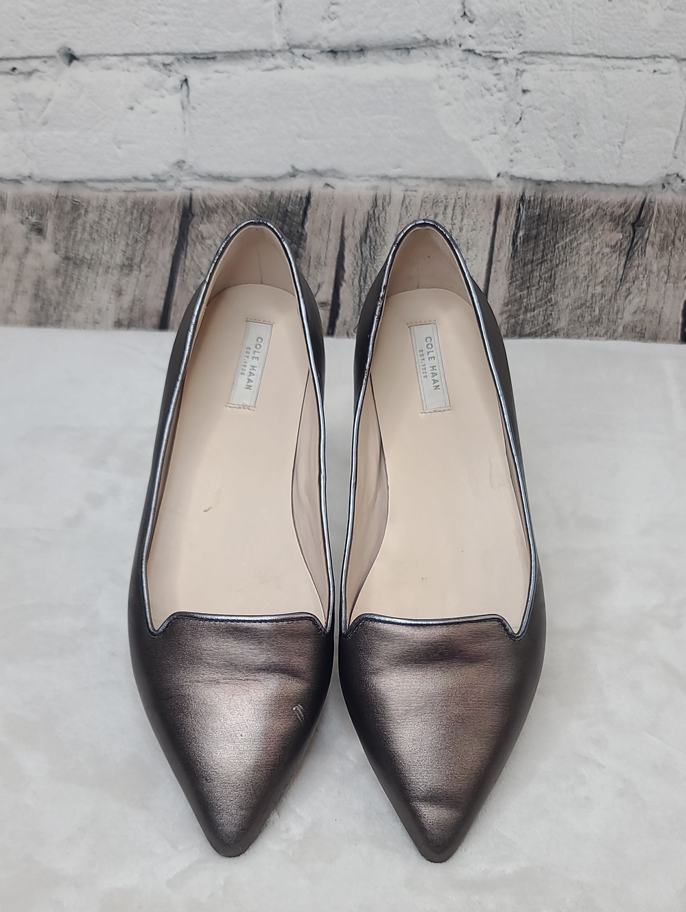 Cole Haan Grand OS Lockhart Skimmer Pointed-Toe Ballet Flats in Metallic Pewter